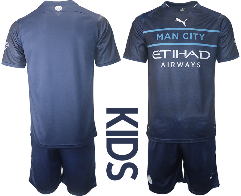 Youth 2021-2022 Club Manchester City away blue blank Soccer Jersey->youth soccer jersey->Youth Jersey